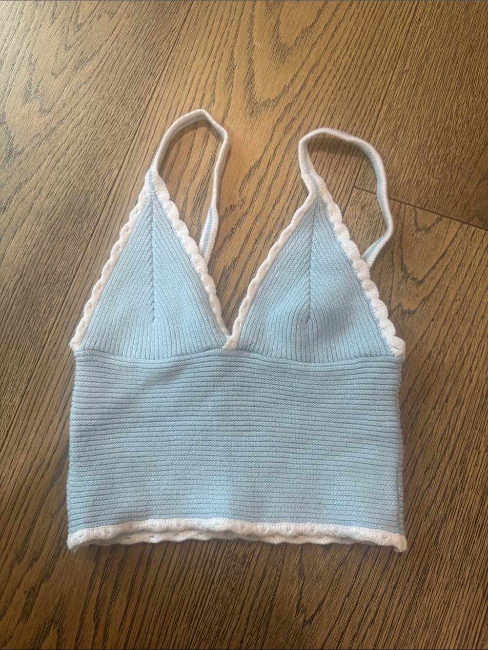 Subdued Light Blue Ribbed Crop Tank with White Trim One Size